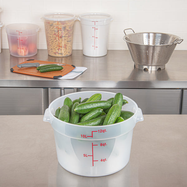 Restaurantware Met Lux 12 Qt Round Translucent Plastic Food Storage Container - With Red Volume Markers - 12 1/4" X 12 1/4" X 8" - 10 Count Box