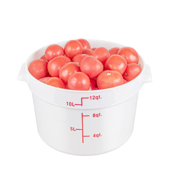 Restaurantware Met Lux 12 Qt Round White Plastic Food Storage Container - With Red Volume Markers - 12 1/4" X 12 1/4" X 8" - 10 Count Box