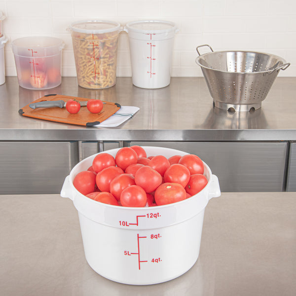 Restaurantware Met Lux 12 Qt Round White Plastic Food Storage Container - With Red Volume Markers - 12 1/4" X 12 1/4" X 8" - 10 Count Box