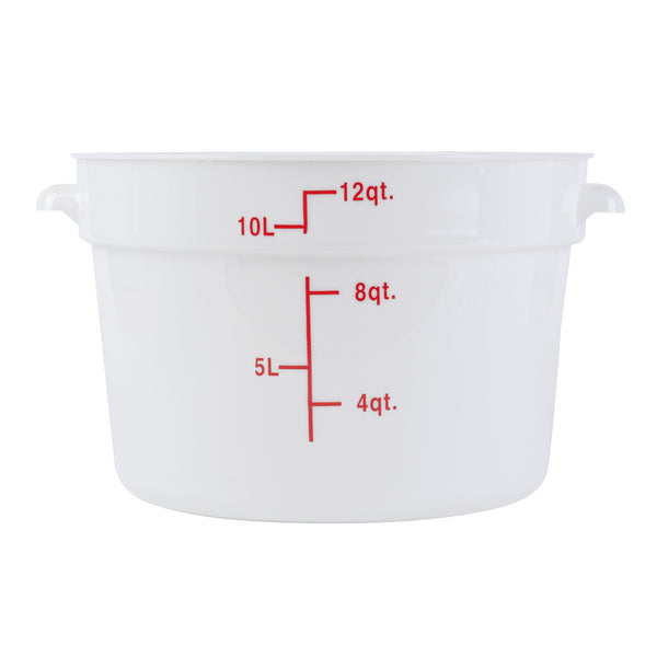 Restaurantware Met Lux 12 Qt Round White Plastic Food Storage Container - With Red Volume Markers - 12 1/4" X 12 1/4" X 8" - 10 Count Box