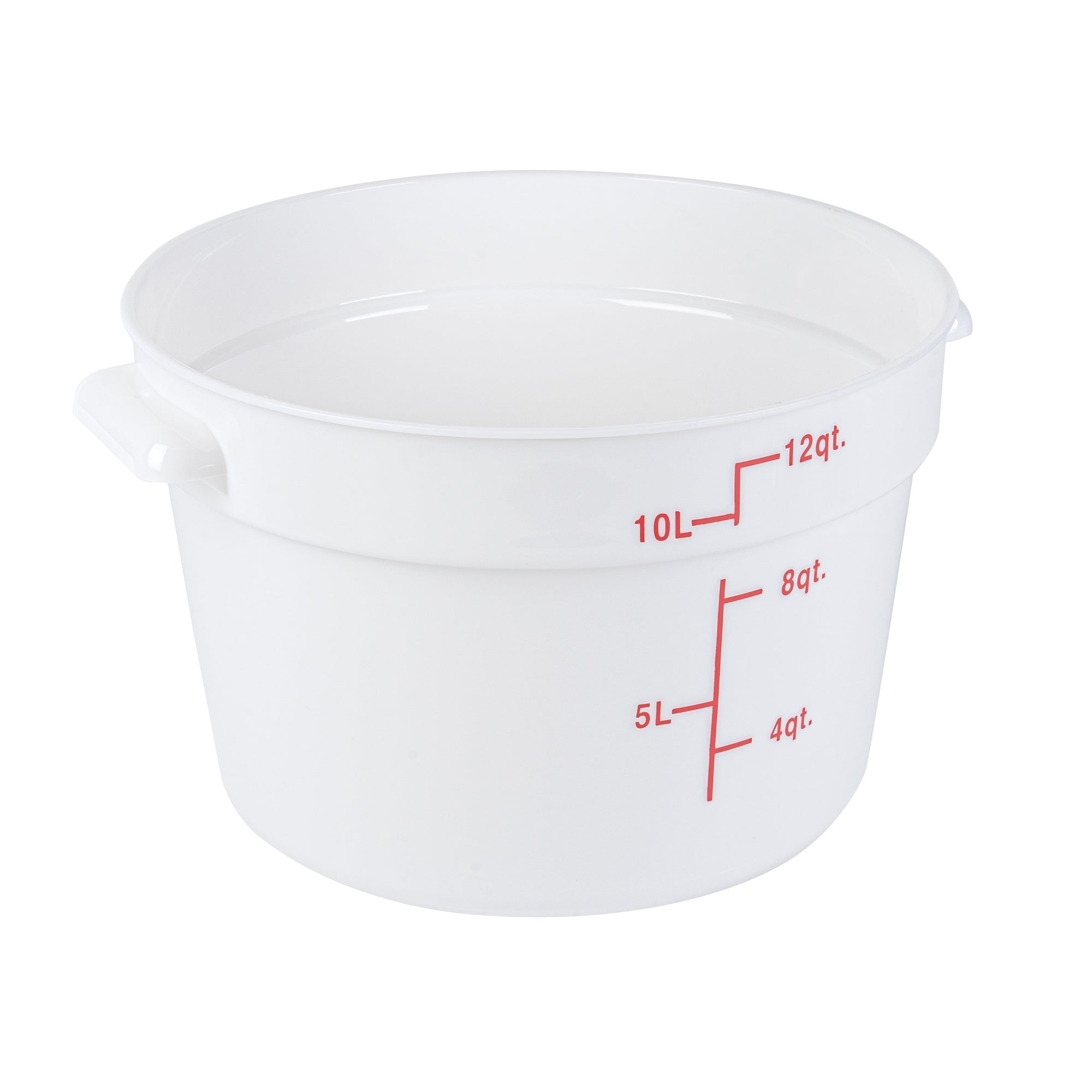 restaurantware Met Lux 12 qt Round White Plastic Food Storage Container - with Red Volume Markers - 12 1/4" x 12 1/4" x 8" - 10 count box