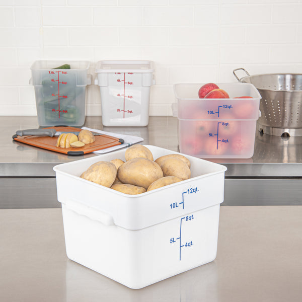 Restaurantware Met Lux 12 Qt Square White Plastic Food Storage Container - With Blue Volume Markers - 11" X 11" X 8" - 10 Count Box