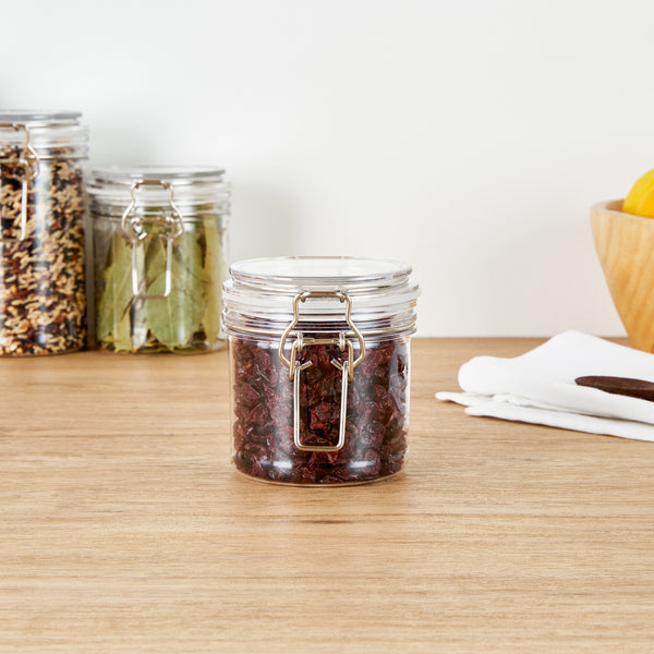 Restaurantware Met Lux 15 Oz Round Clear Plastic Storage Jar - With Hinged Lid - 3 1/2" X 3 1/2" X 4" - 20 Count Box