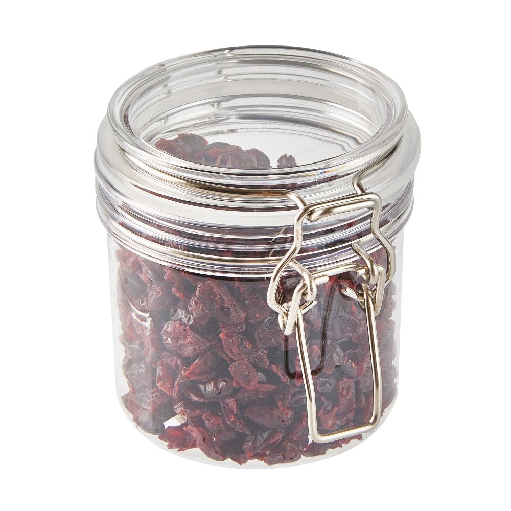 restaurantware Met Lux 15 oz Round Clear Plastic Storage Jar - with Hinged Lid - 3 1/2" x 3 1/2" x 4" - 20 count box