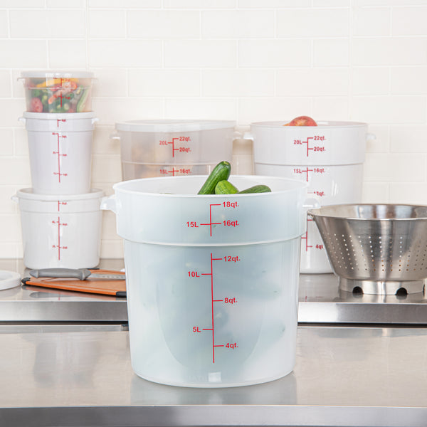 Restaurantware Met Lux 18 Qt Round Translucent Plastic Food Storage Container - With Red Volume Markers - 12 1/4" X 12 1/4" X 12" - 10 Count Box