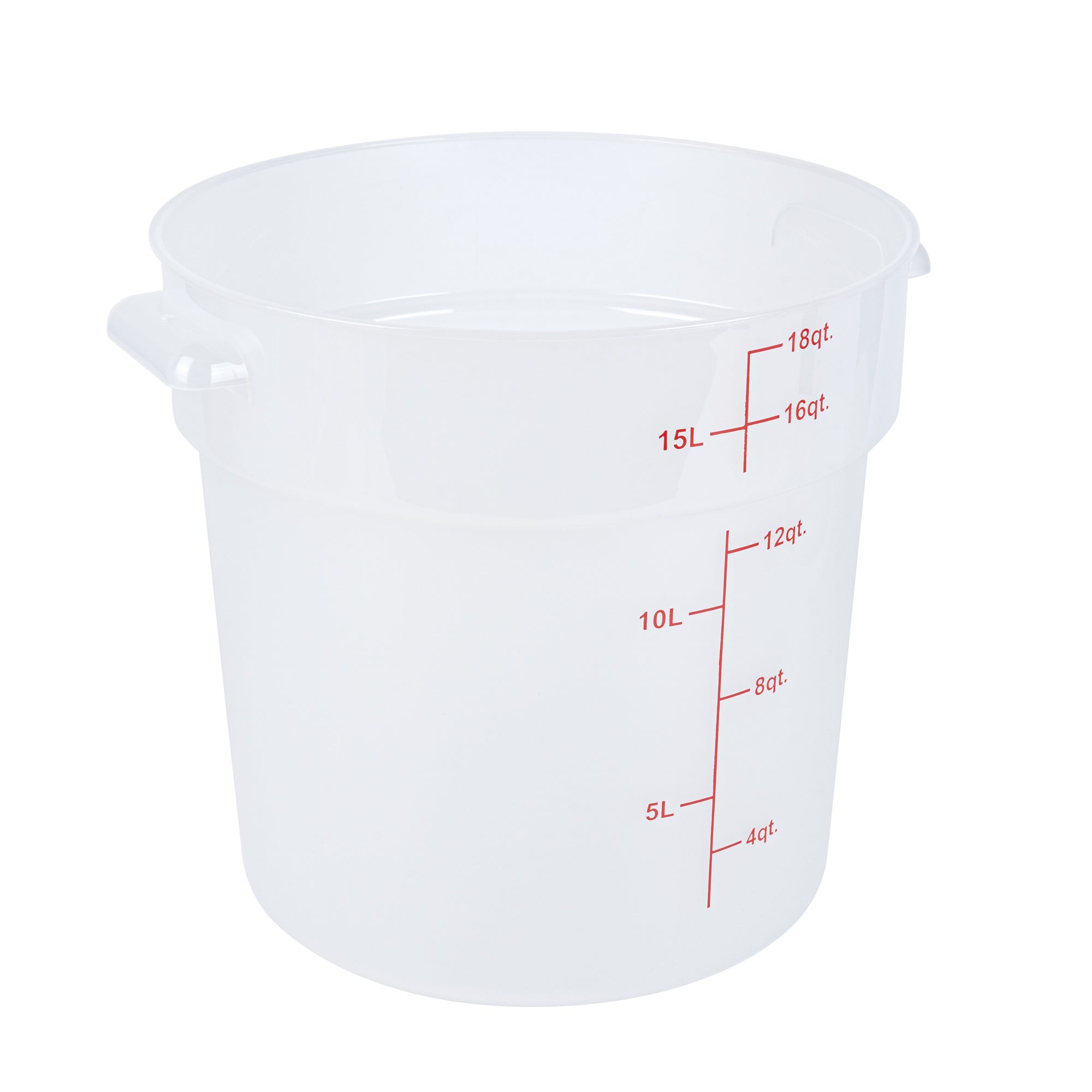 restaurantware Met Lux 18 qt Round Translucent Plastic Food Storage Container - with Red Volume Markers - 12 1/4" x 12 1/4" x 12" - 10 count box