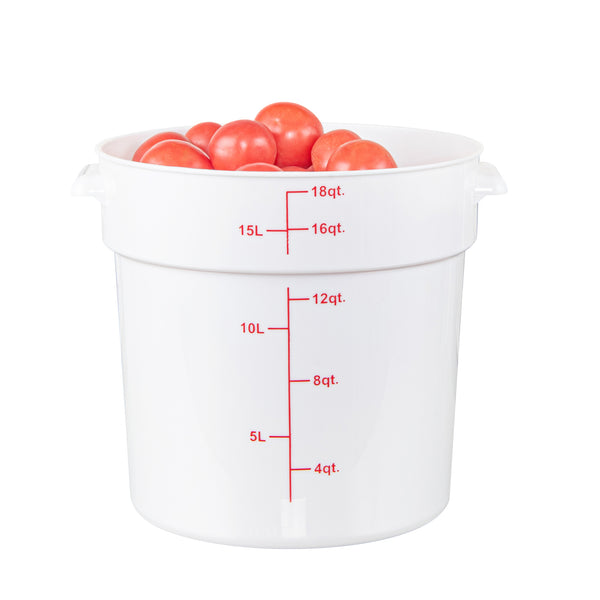 Restaurantware Met Lux 18 Qt Round White Plastic Food Storage Container - With Red Volume Markers - 12 1/4" X 12 1/4" X 12" - 10 Count Box