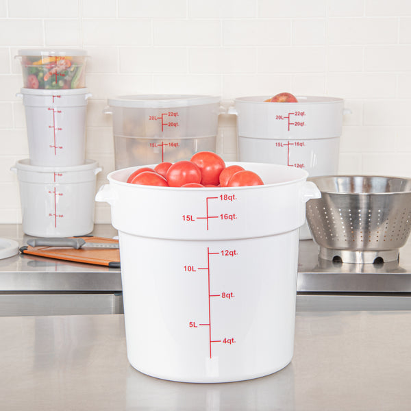 Restaurantware Met Lux 18 Qt Round White Plastic Food Storage Container - With Red Volume Markers - 12 1/4" X 12 1/4" X 12" - 10 Count Box