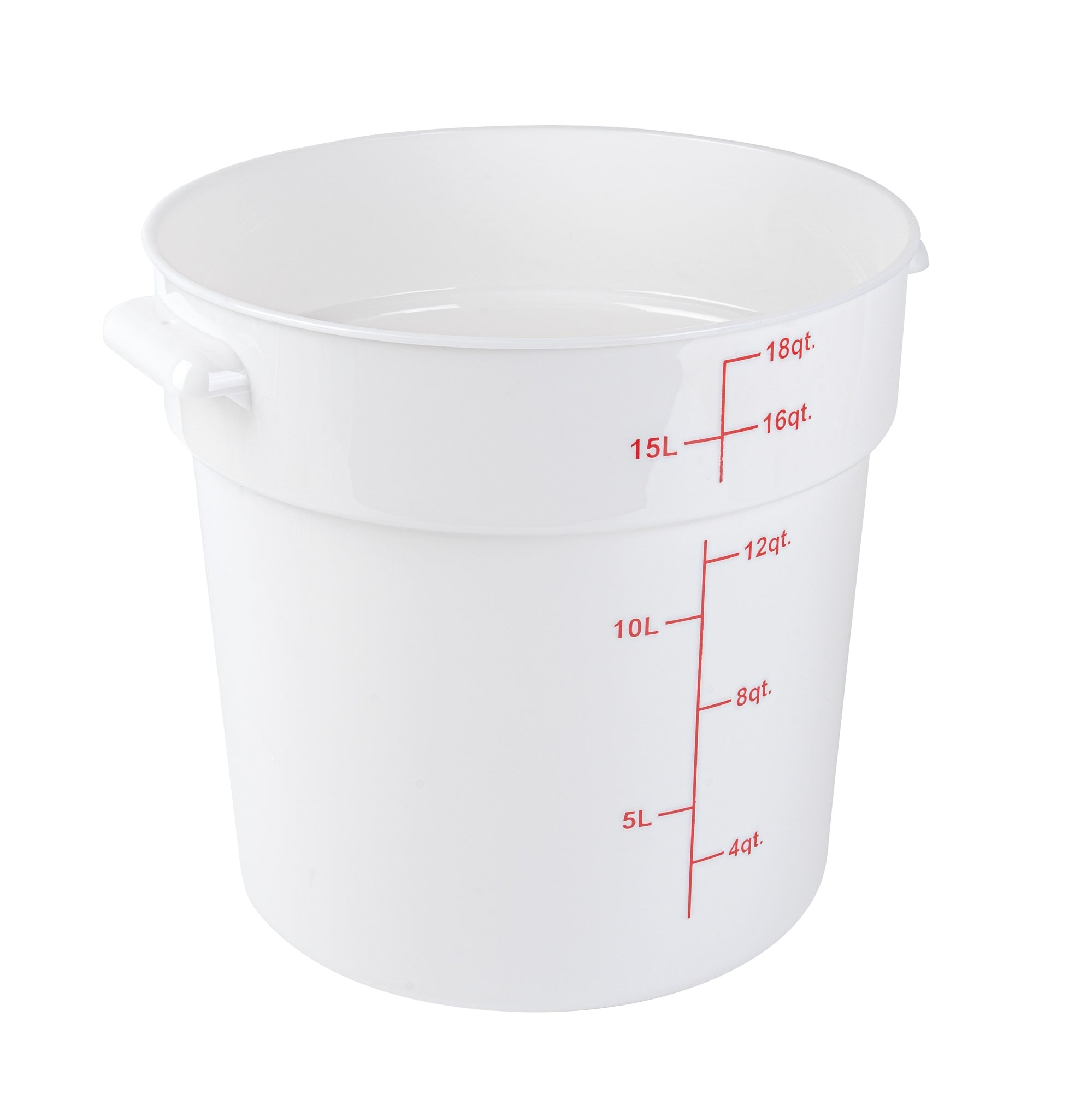 restaurantware Met Lux 18 qt Round White Plastic Food Storage Container - with Red Volume Markers - 12 1/4" x 12 1/4" x 12" - 10 count box