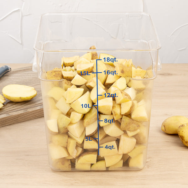 Restaurantware Met Lux 18 Qt Square Clear Plastic Food Storage Container - With Blue Volume Markers - 11" X 11" X 12 1/2" - 10 Count Box