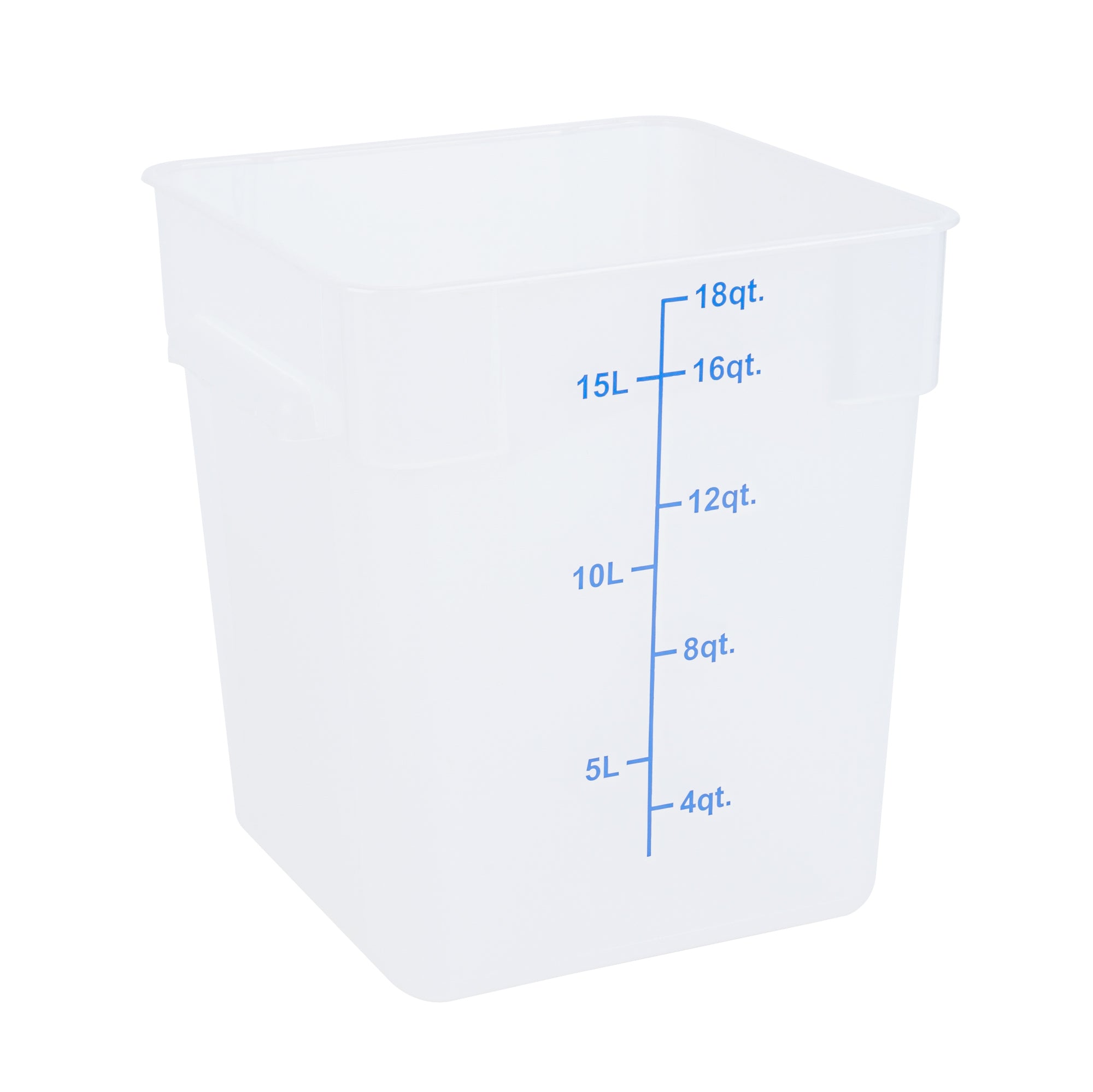 restaurantware Met Lux 18 qt Square Translucent Plastic Food Storage Container - with Blue Volume Markers - 11" x 11" x 12 1/2" - 10 count box