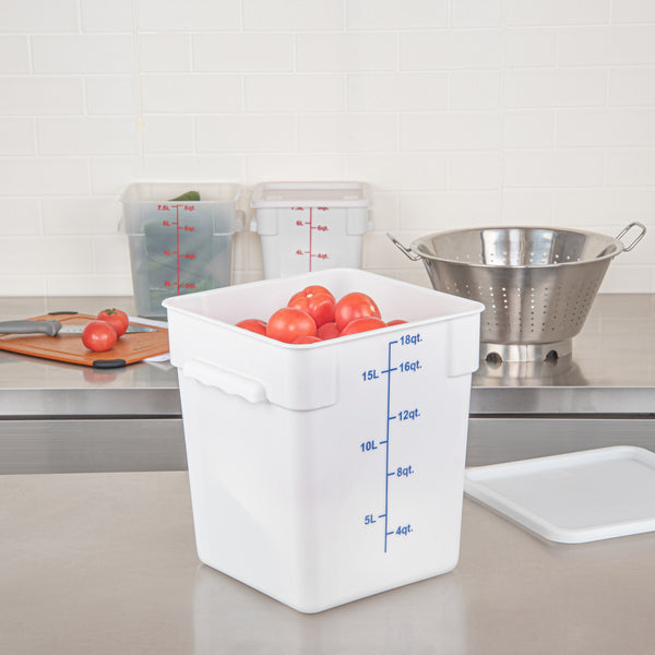 Restaurantware Met Lux 18 Qt Square White Plastic Food Storage Container - With Blue Volume Markers - 11" X 11" X 12 1/2" - 10 Count Box