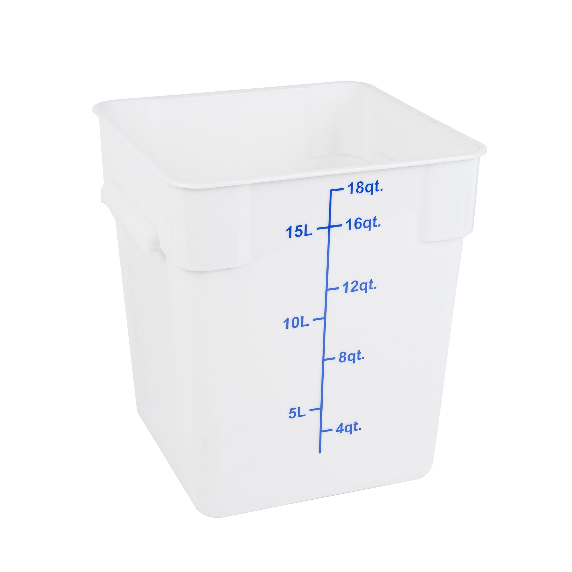 restaurantware Met Lux 18 qt Square White Plastic Food Storage Container - with Blue Volume Markers - 11" x 11" x 12 1/2" - 10 count box