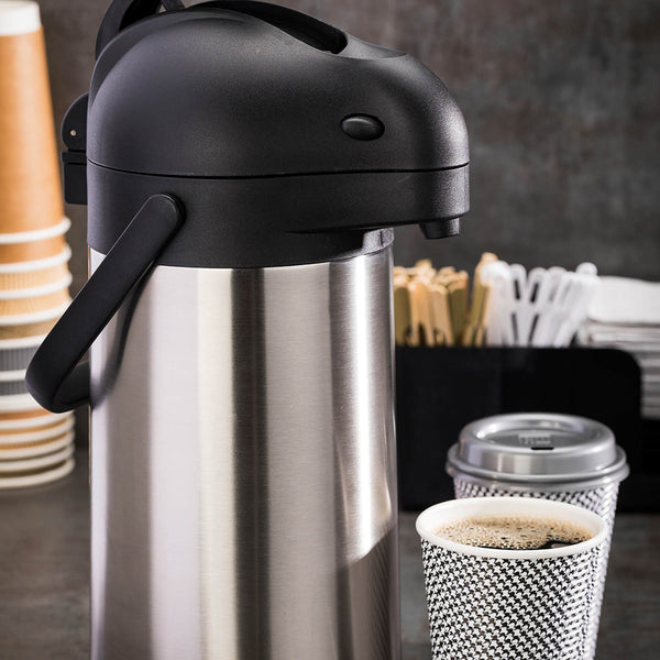 Restaurantware Met Lux 2.2L Silver Stainless Steel Airpot Coffee Dispenser - Pump Lever 24 Hr Heat Retention - 6" X 6" X 14" - 1 Count Box