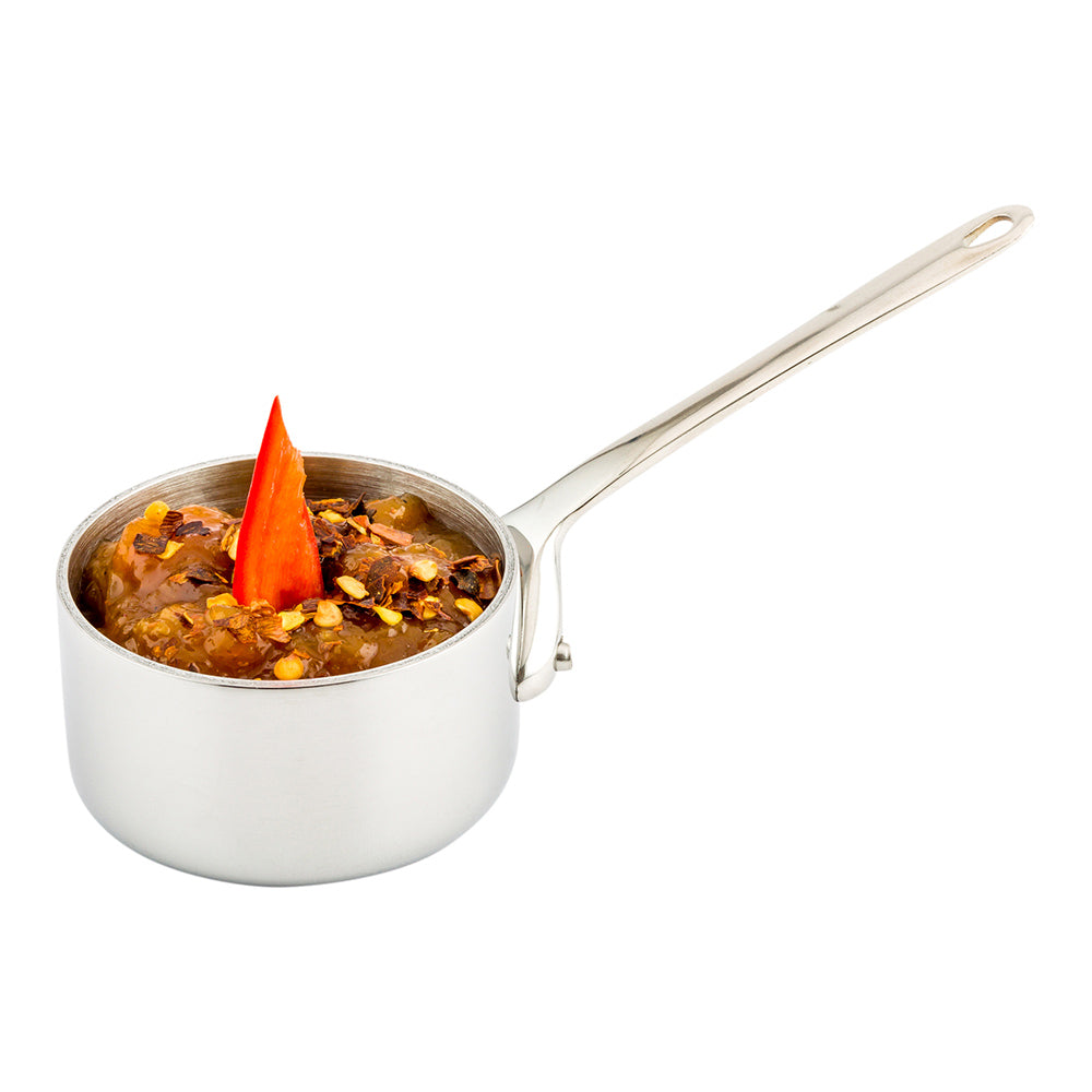 restaurantware Met Lux 2 oz Silver Stainless Steel Mini Sauce Pan - 5" x 2" x 2" - 1 count box