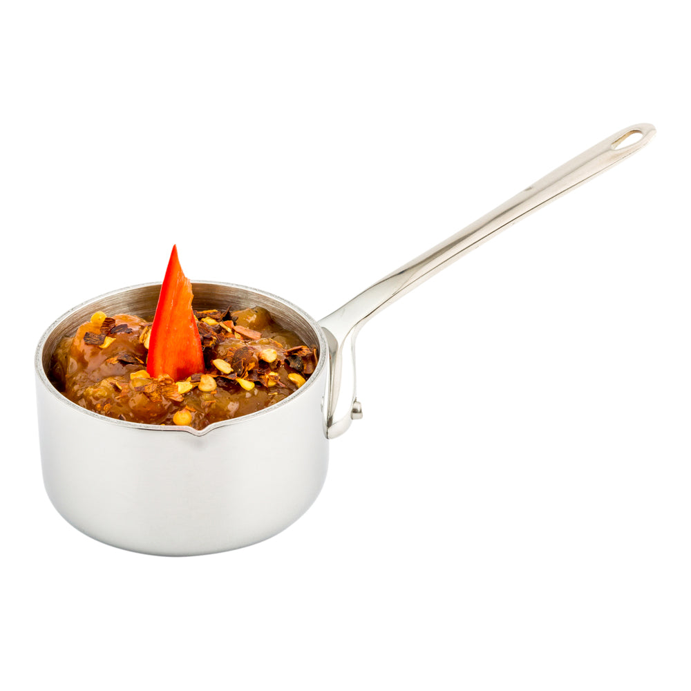 restaurantware Met Lux 2 oz Stainless Steel Mini Sauce Pan - Easy Pour Lip - 5" x 2 1/4" x 2" - 1 count box