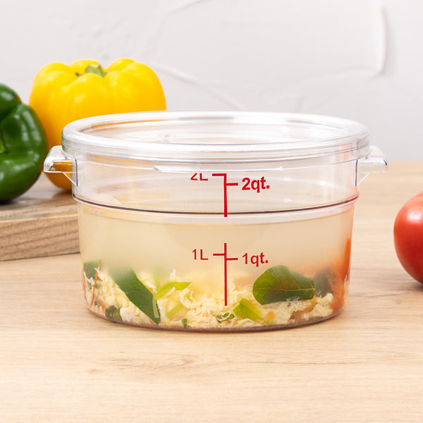 Restaurantware Met Lux 2 Qt Round Clear Plastic Food Storage Container - With Red Volume Markers - 7" X 7" X 4 1/4" - 10 Count Box