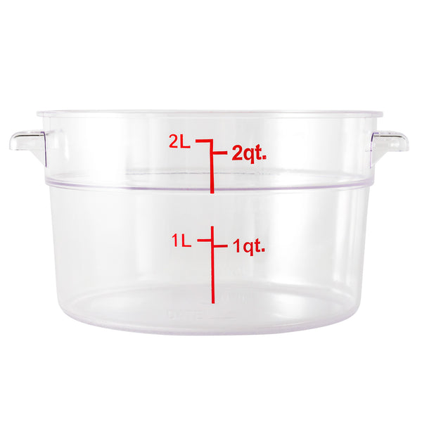 Restaurantware Met Lux 2 Qt Round Clear Plastic Food Storage Container - With Red Volume Markers - 7" X 7" X 4 1/4" - 10 Count Box