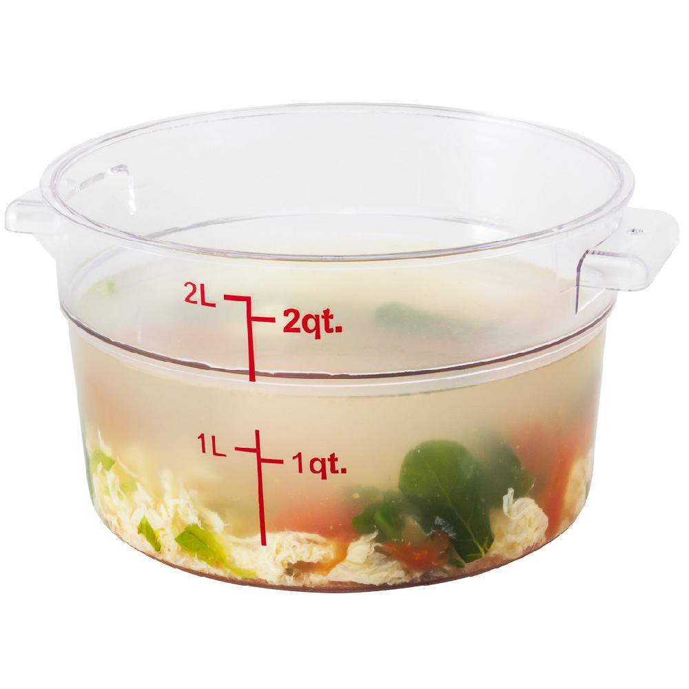 restaurantware Met Lux 2 qt Round Clear Plastic Food Storage Container - with Red Volume Markers - 7" x 7" x 4 1/4" - 10 count box
