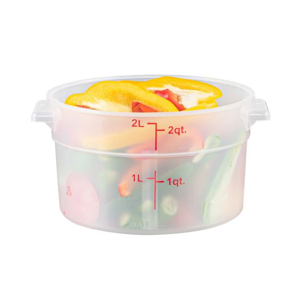 Restaurantware Met Lux 2 Qt Round Translucent Plastic Food Storage Container - With Red Volume Markers - 7 1/4" X 7 1/4" X 4 1/4" - 10 Count Box