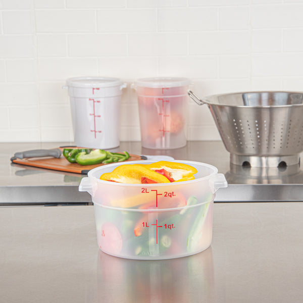 Restaurantware Met Lux 2 Qt Round Translucent Plastic Food Storage Container - With Red Volume Markers - 7 1/4" X 7 1/4" X 4 1/4" - 10 Count Box
