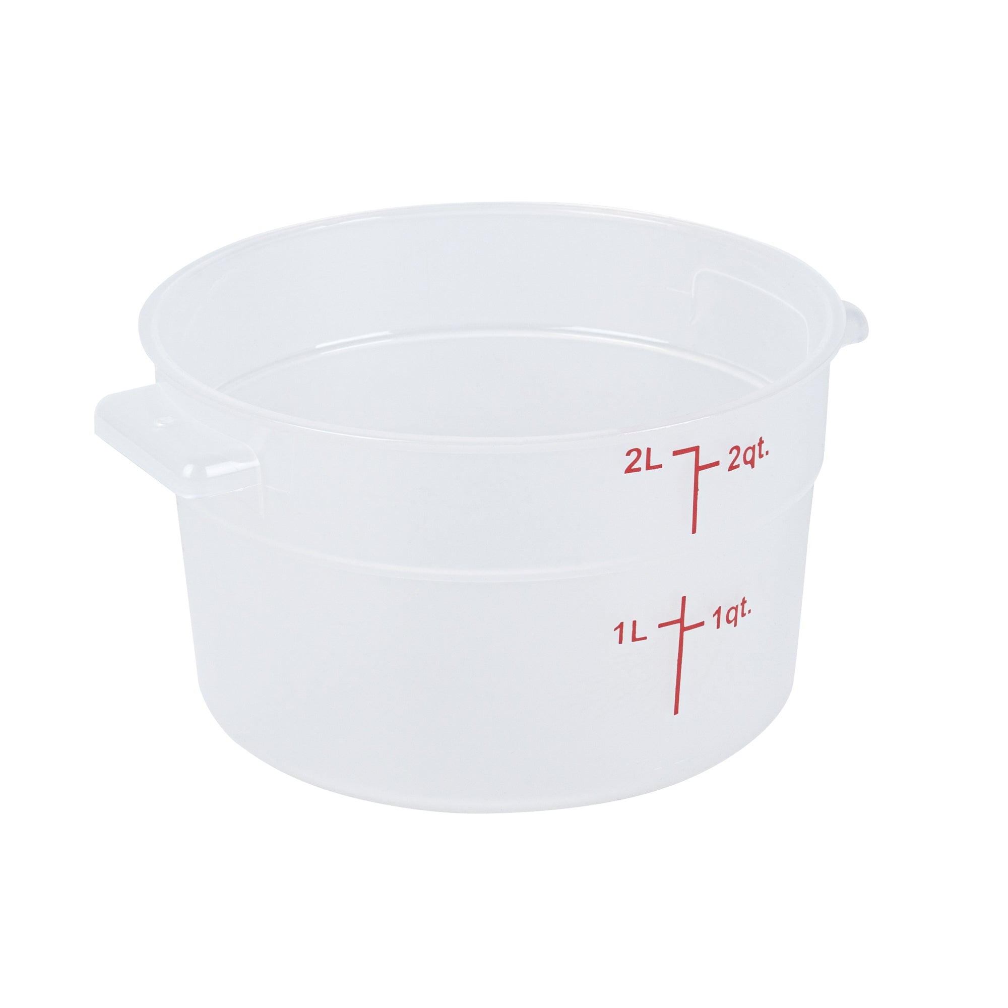 restaurantware Met Lux 2 qt Round Translucent Plastic Food Storage Container - with Red Volume Markers - 7 1/4" x 7 1/4" x 4 1/4" - 10 count box