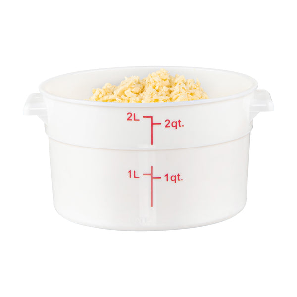 Restaurantware Met Lux 2 Qt Round White Plastic Food Storage Container - With Red Volume Markers - 7 1/4" X 7 1/4" X 4 1/4" - 10 Count Box