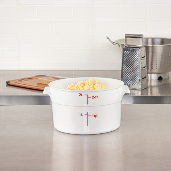 Restaurantware Met Lux 2 Qt Round White Plastic Food Storage Container - With Red Volume Markers - 7 1/4" X 7 1/4" X 4 1/4" - 10 Count Box