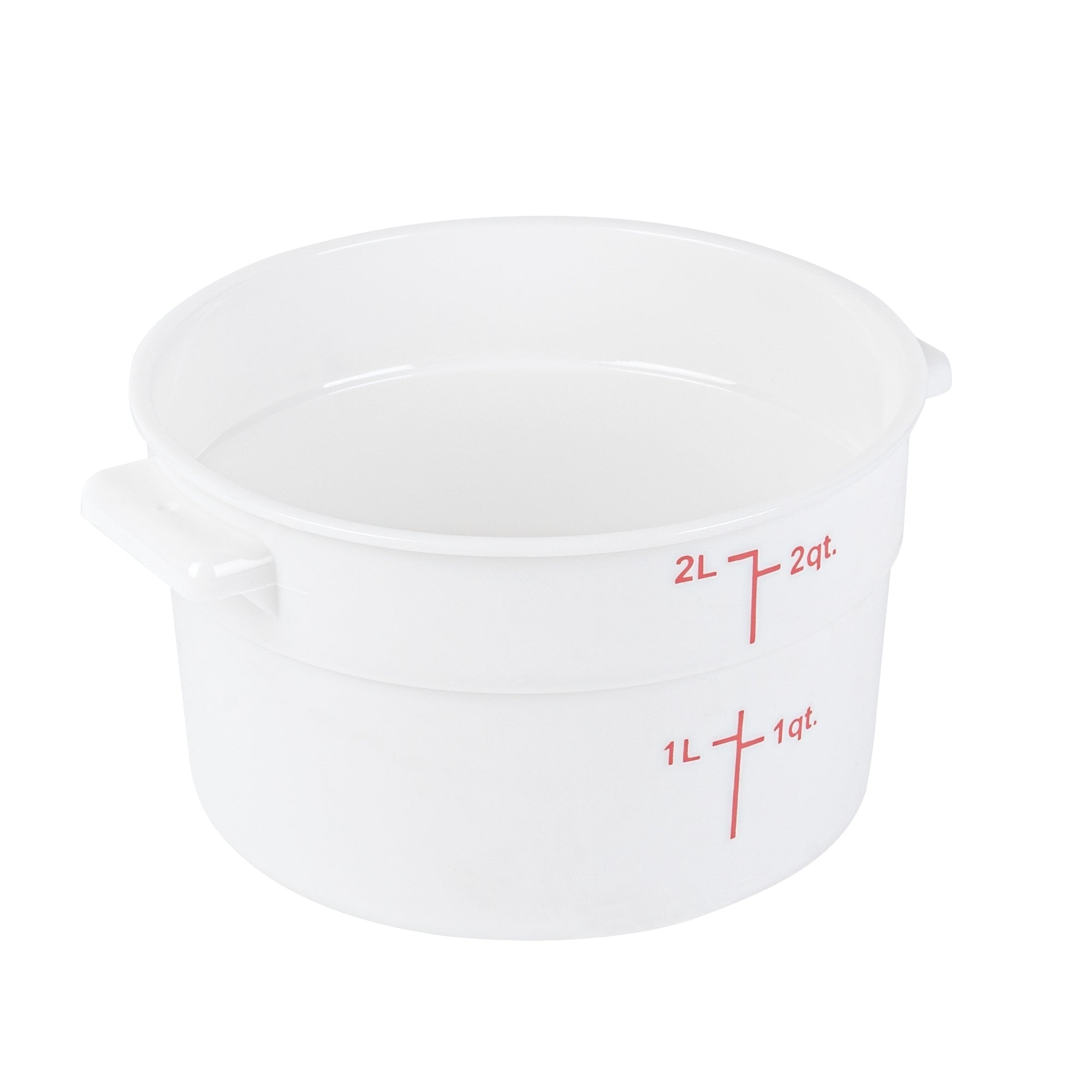 restaurantware Met Lux 2 qt Round White Plastic Food Storage Container - with Red Volume Markers - 7 1/4" x 7 1/4" x 4 1/4" - 10 count box