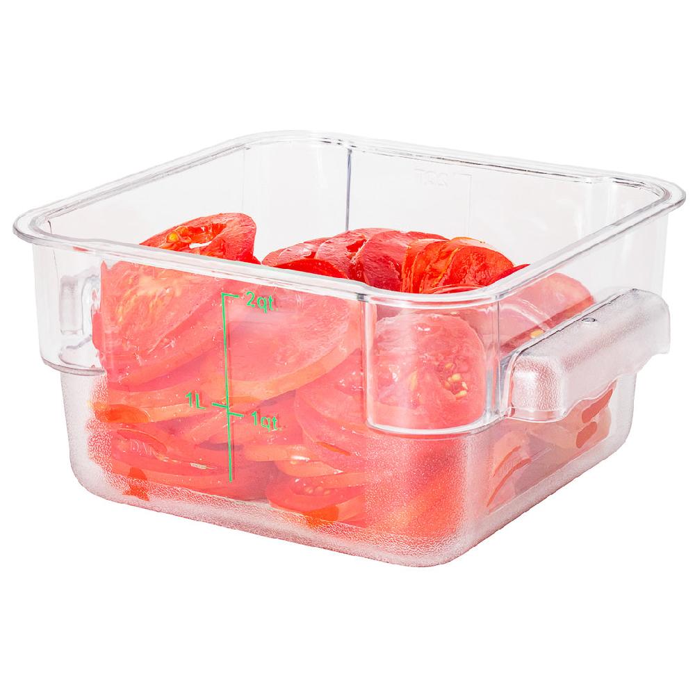 restaurantware Met Lux 2 qt Square Clear Plastic Food Storage Container - with Green Volume Markers - 7" x 7" x 4" - 10 count box