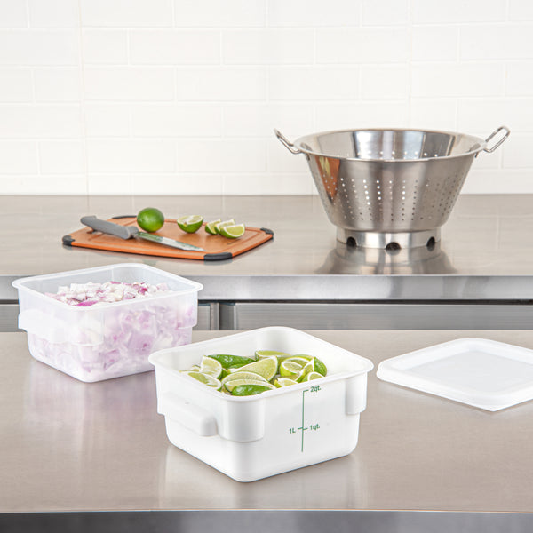 Restaurantware Met Lux 2 Qt Square White Plastic Food Storage Container - With Green Volume Markers - 7" X 7" X 4" - 10 Count Box