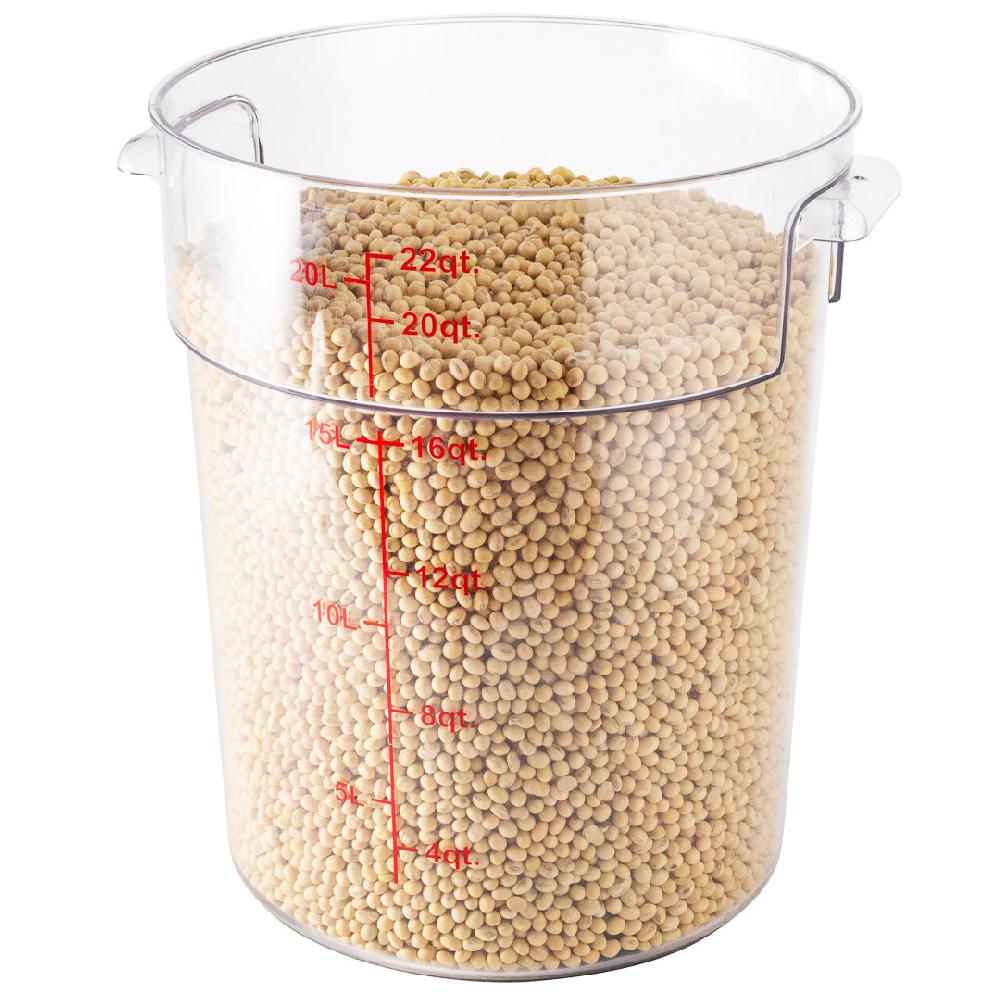 restaurantware Met Lux 22 qt Round Clear Plastic Food Storage Container - with Red Volume Markers - 12 1/4" x 12 1/4" x 15" - 10 count box