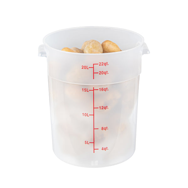 Restaurantware Met Lux 22 Qt Round Translucent Plastic Food Storage Container - With Red Volume Markers - 12 1/4" X 12 1/4" X 15" - 10 Count Box