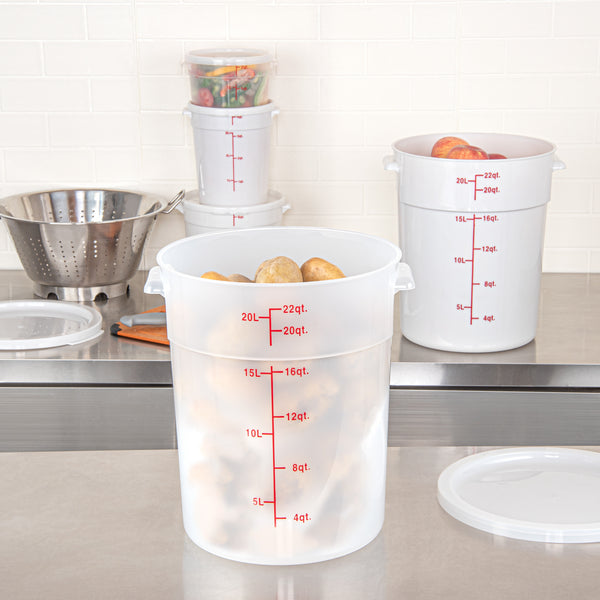 Restaurantware Met Lux 22 Qt Round Translucent Plastic Food Storage Container - With Red Volume Markers - 12 1/4" X 12 1/4" X 15" - 10 Count Box