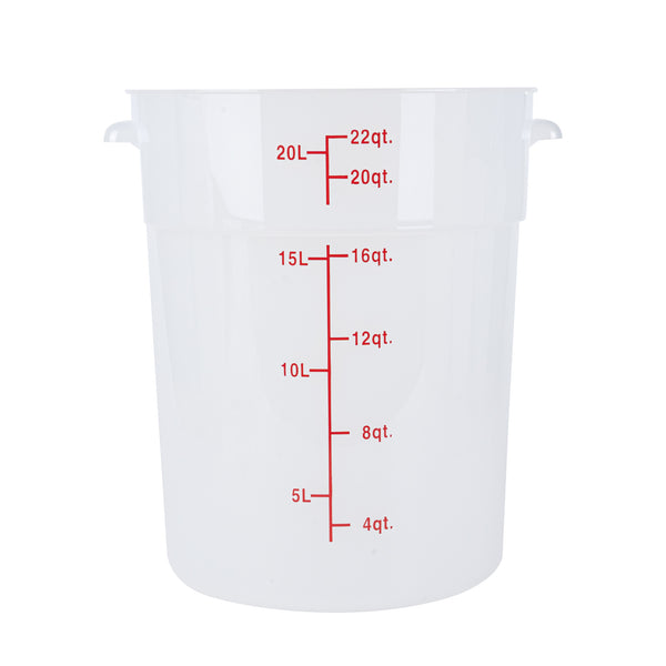 Restaurantware Met Lux 22 Qt Round Translucent Plastic Food Storage Container - With Red Volume Markers - 12 1/4" X 12 1/4" X 15" - 10 Count Box
