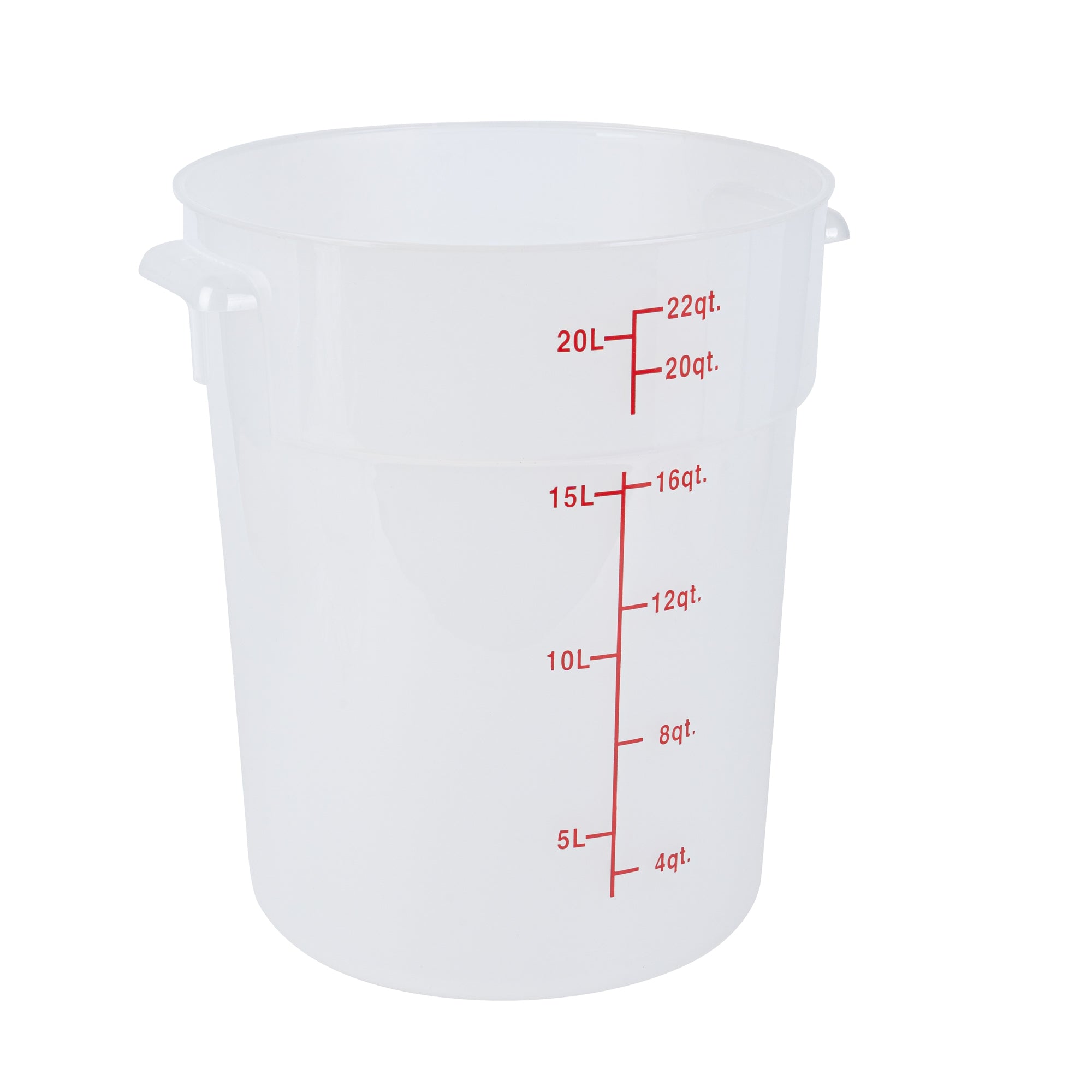 restaurantware Met Lux 22 qt Round Translucent Plastic Food Storage Container - with Red Volume Markers - 12 1/4" x 12 1/4" x 15" - 10 count box