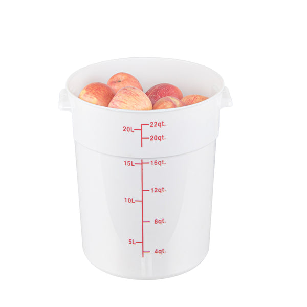 Restaurantware Met Lux 22 Qt Round White Plastic Food Storage Container - With Red Volume Markers - 12 1/4" X 12 1/4" X 15" - 10 Count Box