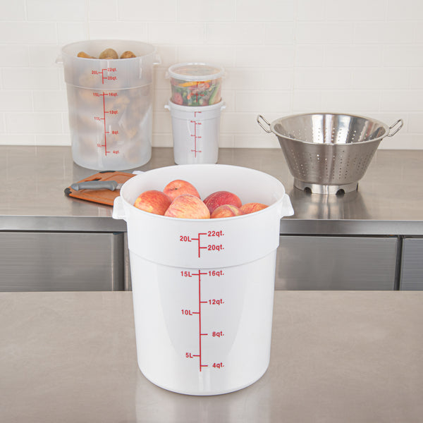 Restaurantware Met Lux 22 Qt Round White Plastic Food Storage Container - With Red Volume Markers - 12 1/4" X 12 1/4" X 15" - 10 Count Box