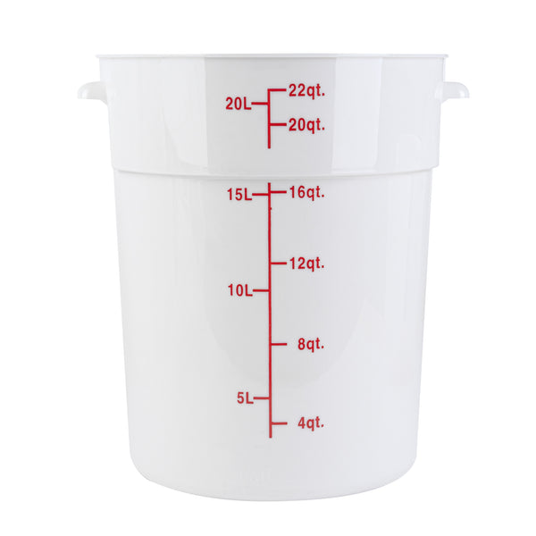 Restaurantware Met Lux 22 Qt Round White Plastic Food Storage Container - With Red Volume Markers - 12 1/4" X 12 1/4" X 15" - 10 Count Box