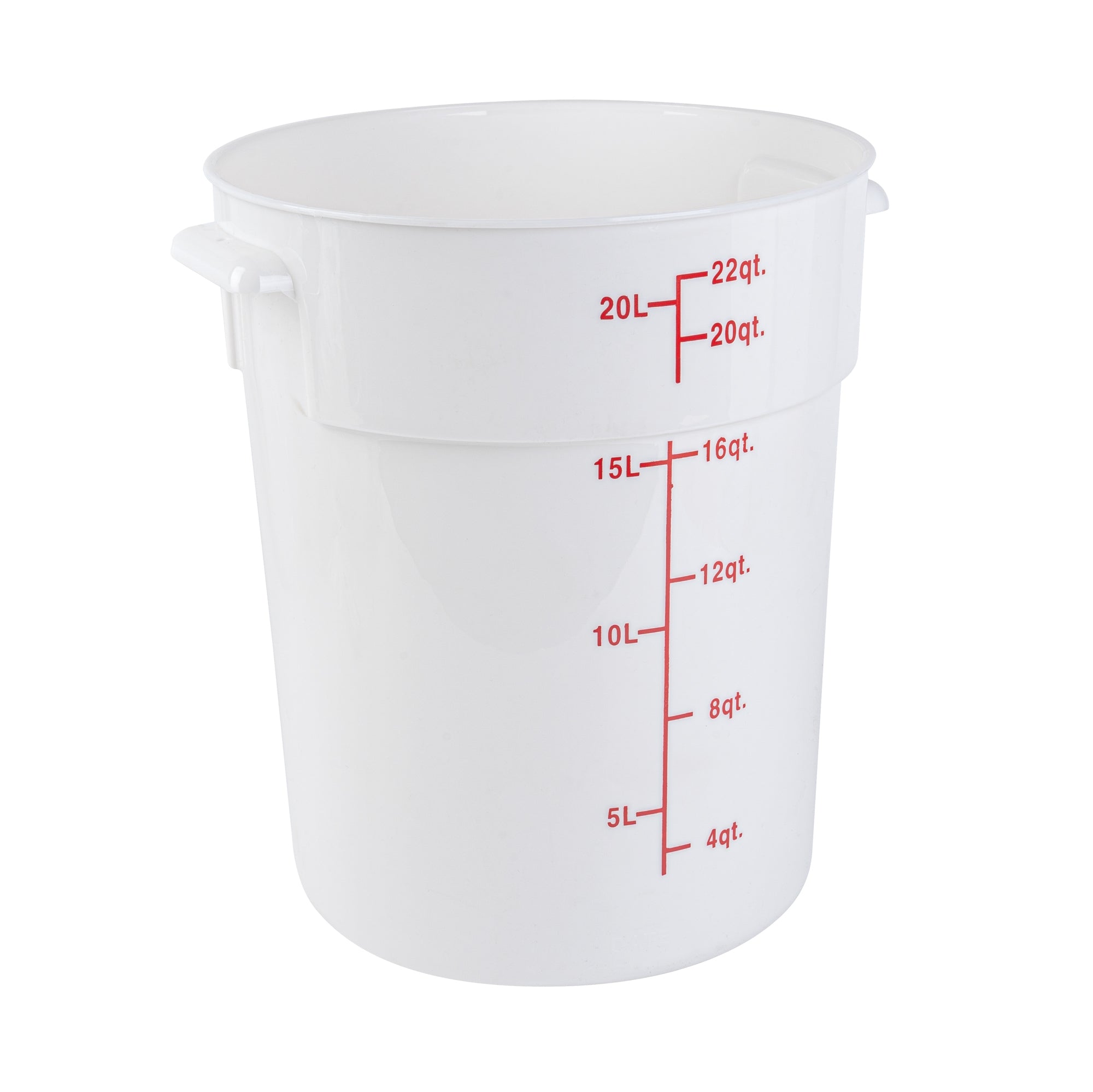 restaurantware Met Lux 22 qt Round White Plastic Food Storage Container - with Red Volume Markers - 12 1/4" x 12 1/4" x 15" - 10 count box