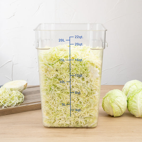 Restaurantware Met Lux 22 Qt Square Clear Plastic Food Storage Container - With Blue Volume Markers - 11" X 11" X 15 3/4" - 10 Count Box