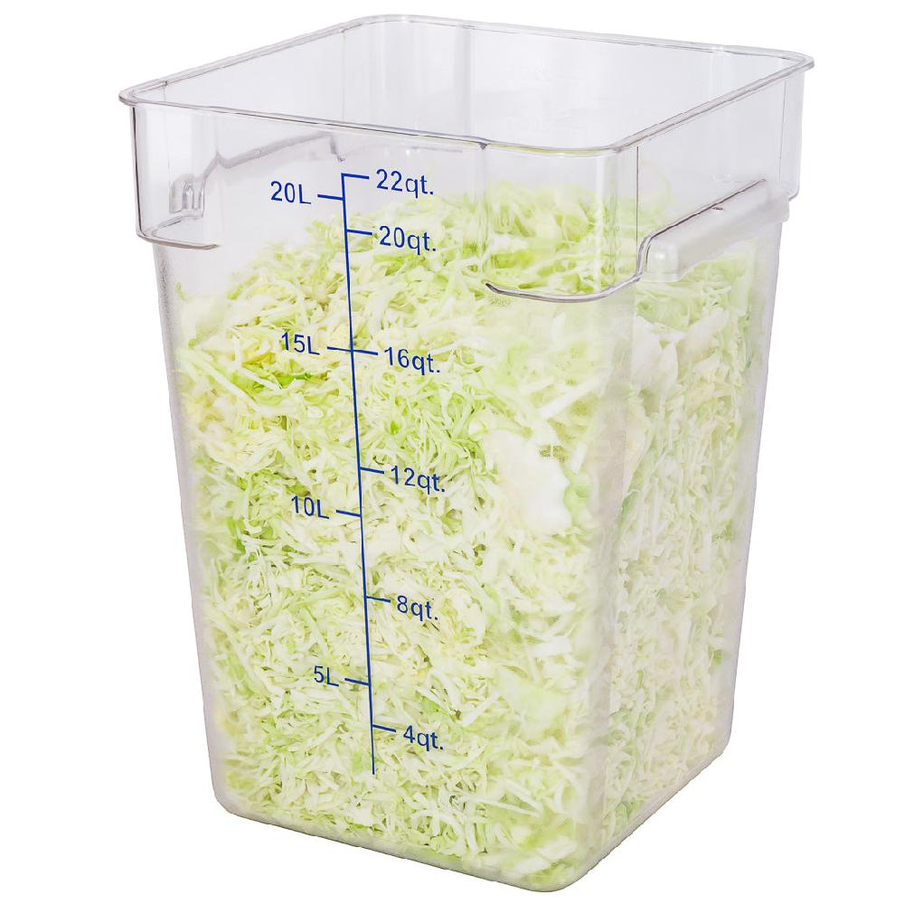 restaurantware Met Lux 22 qt Square Clear Plastic Food Storage Container - with Blue Volume Markers - 11" x 11" x 15 3/4" - 10 count box