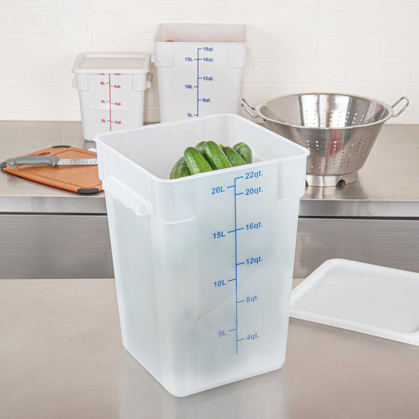 Restaurantware Met Lux 22 Qt Square Translucent Plastic Food Storage Container - With Blue Volume Markers - 11" X 11" X 15 1/2" - 10 Count Box
