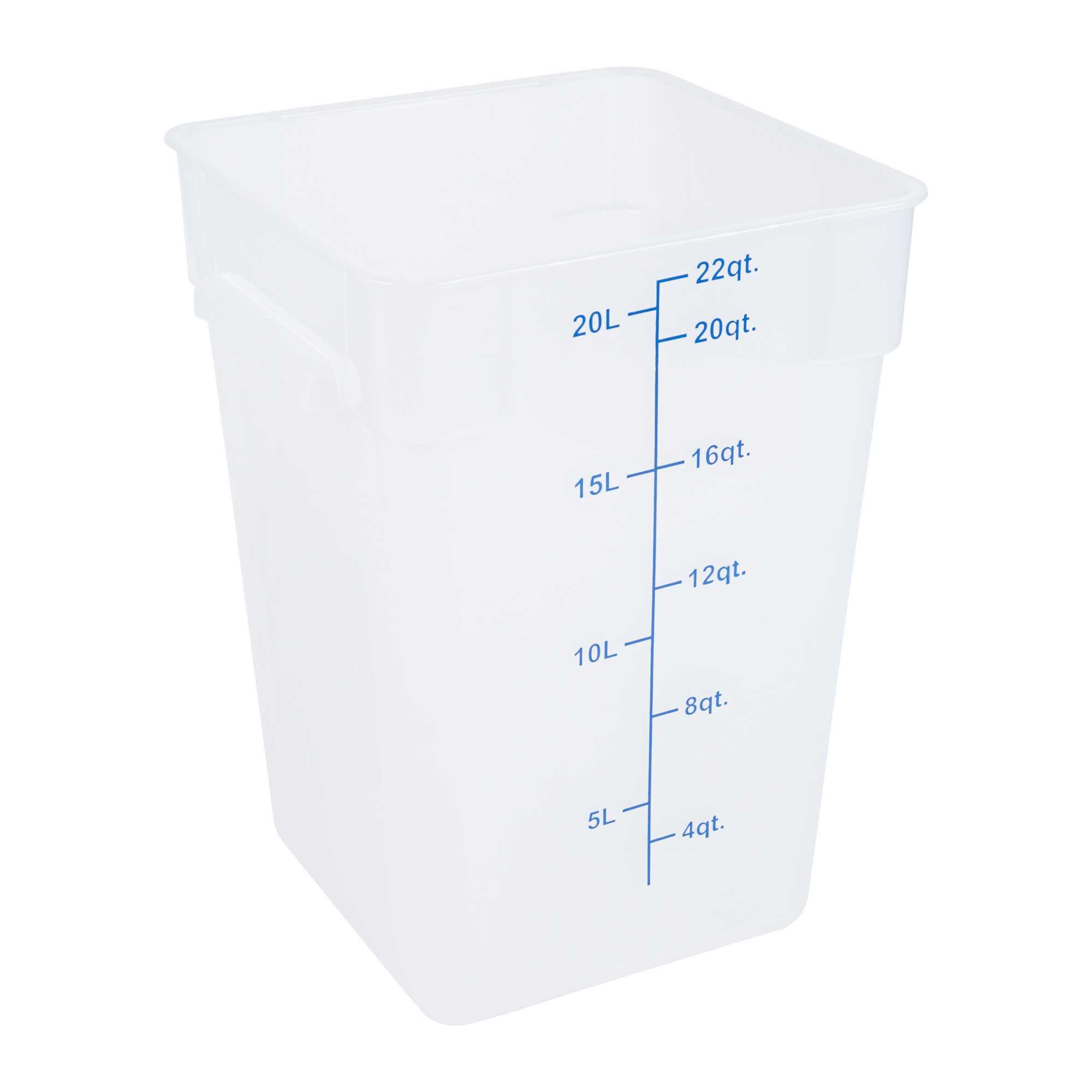 restaurantware Met Lux 22 qt Square Translucent Plastic Food Storage Container - with Blue Volume Markers - 11" x 11" x 15 1/2" - 10 count box