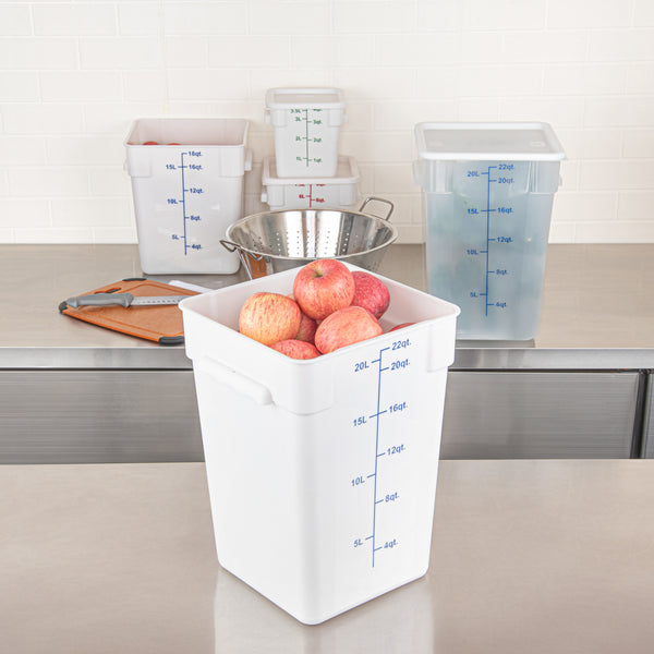 Restaurantware Met Lux 22 Qt Square White Plastic Food Storage Container - With Blue Volume Markers - 11" X 11" X 15 1/2" - 10 Count Box