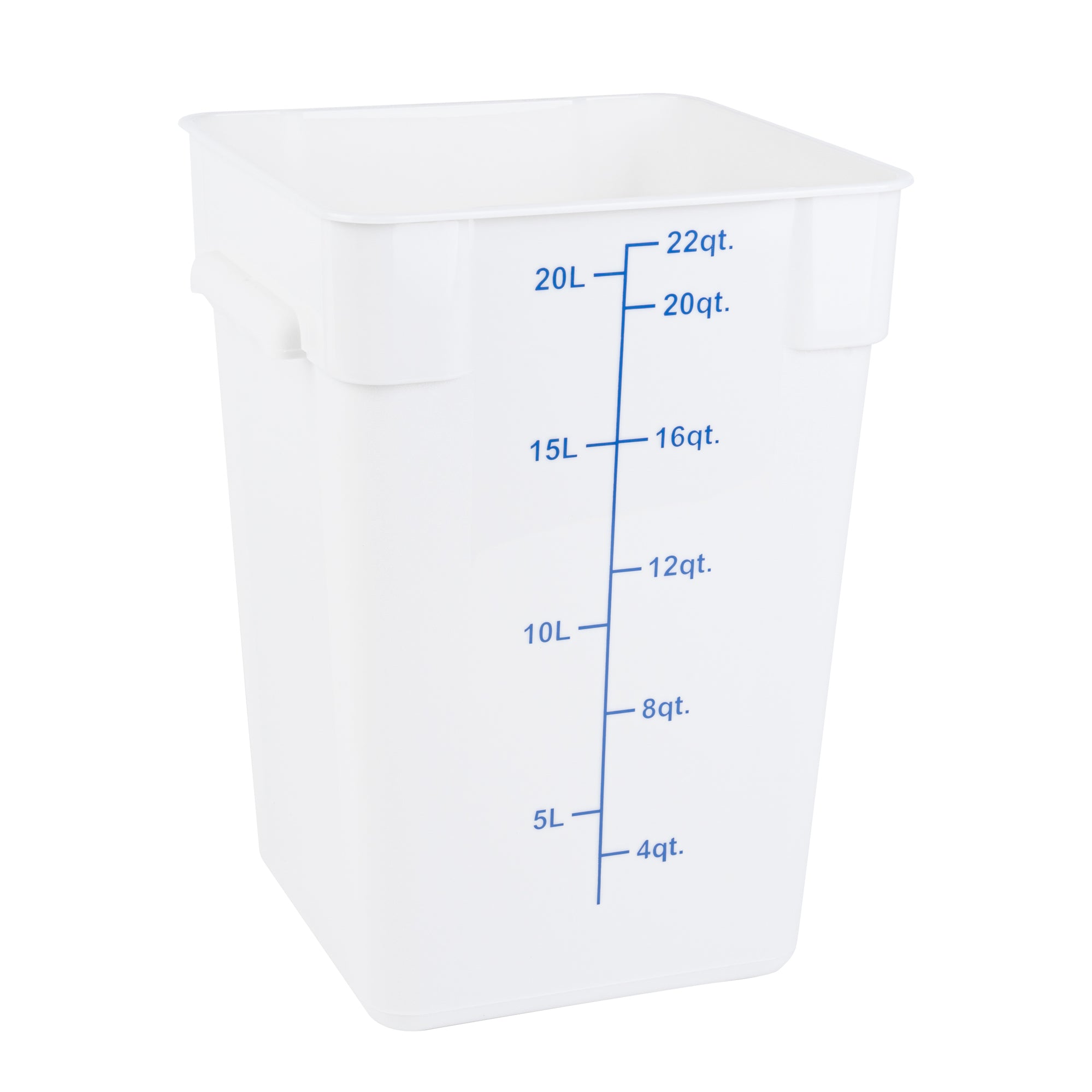 restaurantware Met Lux 22 qt Square White Plastic Food Storage Container - with Blue Volume Markers - 11" x 11" x 15 1/2" - 10 count box