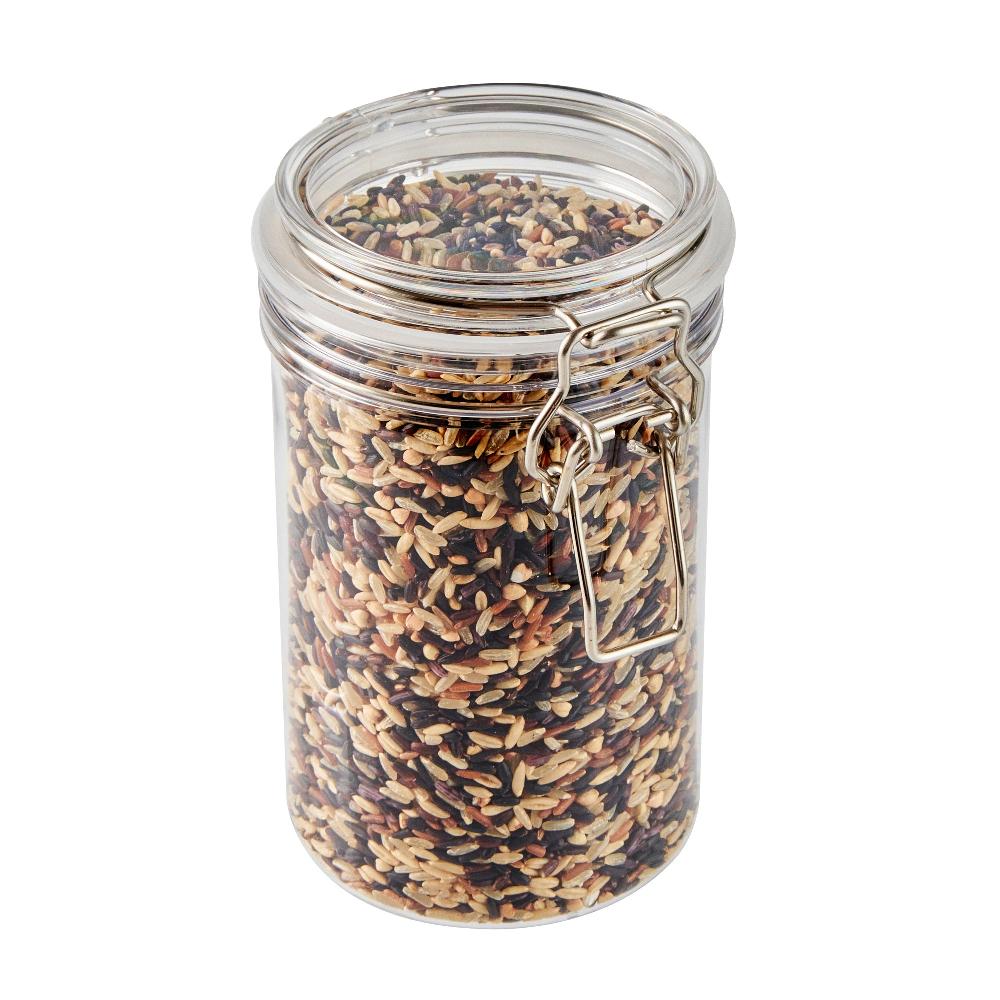 restaurantware Met Lux 24 oz Round Clear Plastic Storage Jar - with Hinged Lid - 3 1/2" x 3 1/2" x 6" - 20 count box