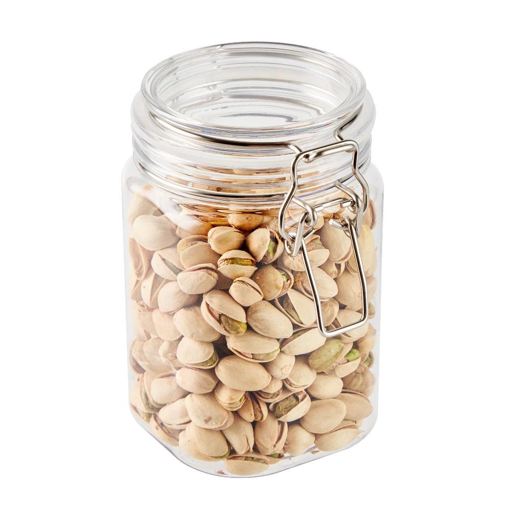 restaurantware Met Lux 29 oz Square Clear Plastic Storage Jar - with Hinged Lid - 3 3/4" x 3 3/4" x 6" - 20 count box