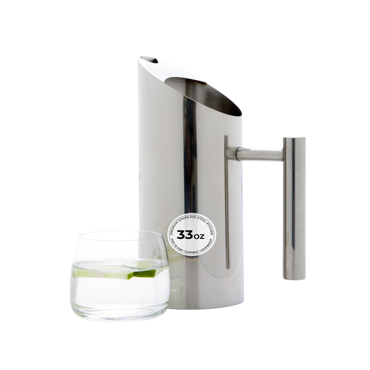 restaurantware Met Lux 33 oz Round Polished Stainless Steel Water Pitcher - 3 1/2" x 3 1/2" x 9" - 1 count box