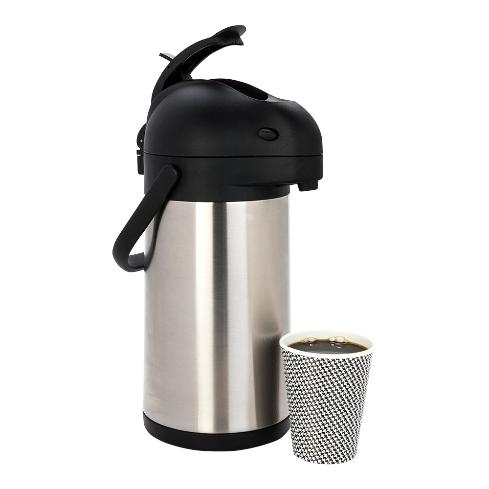 restaurantware Met Lux 3L Silver Stainless Steel Airpot Coffee Dispenser - Pump Lever 24 hr Heat Retention - 6" x 6" x 16" - 1 count box